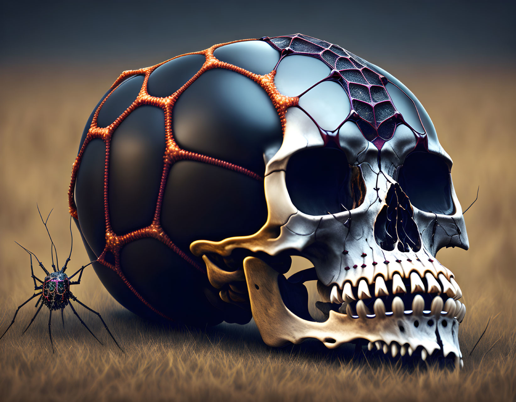 Metallic skull with soccer ball pattern beside spider on textured ground