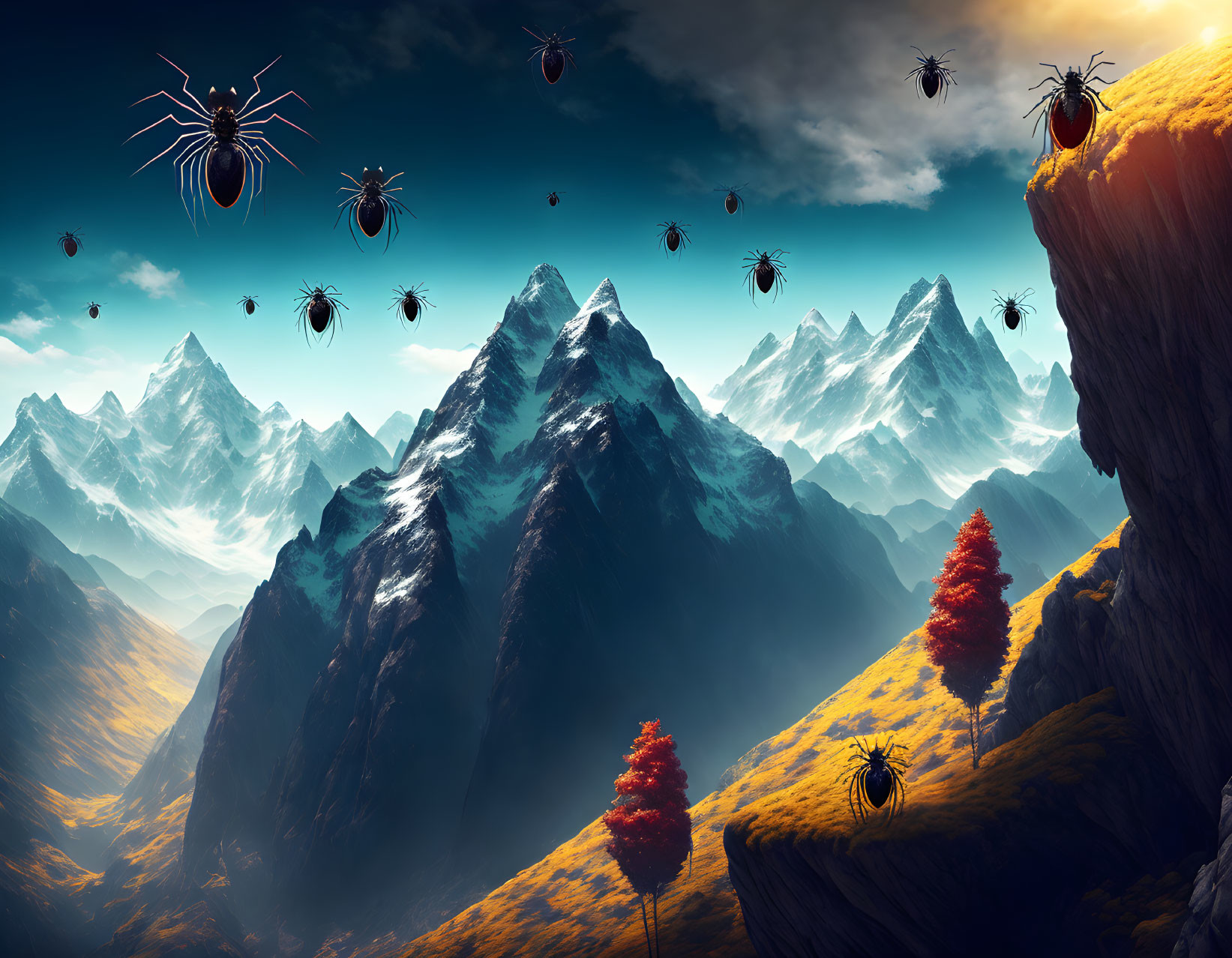 Fantasy landscape with floating spiders above snowy mountains