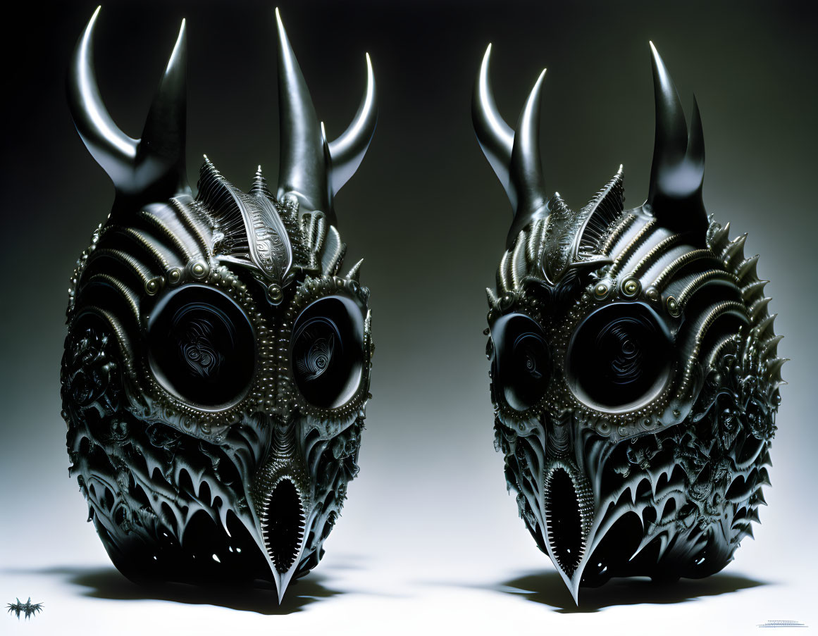 Intricately designed metallic masks with horned features on gray background