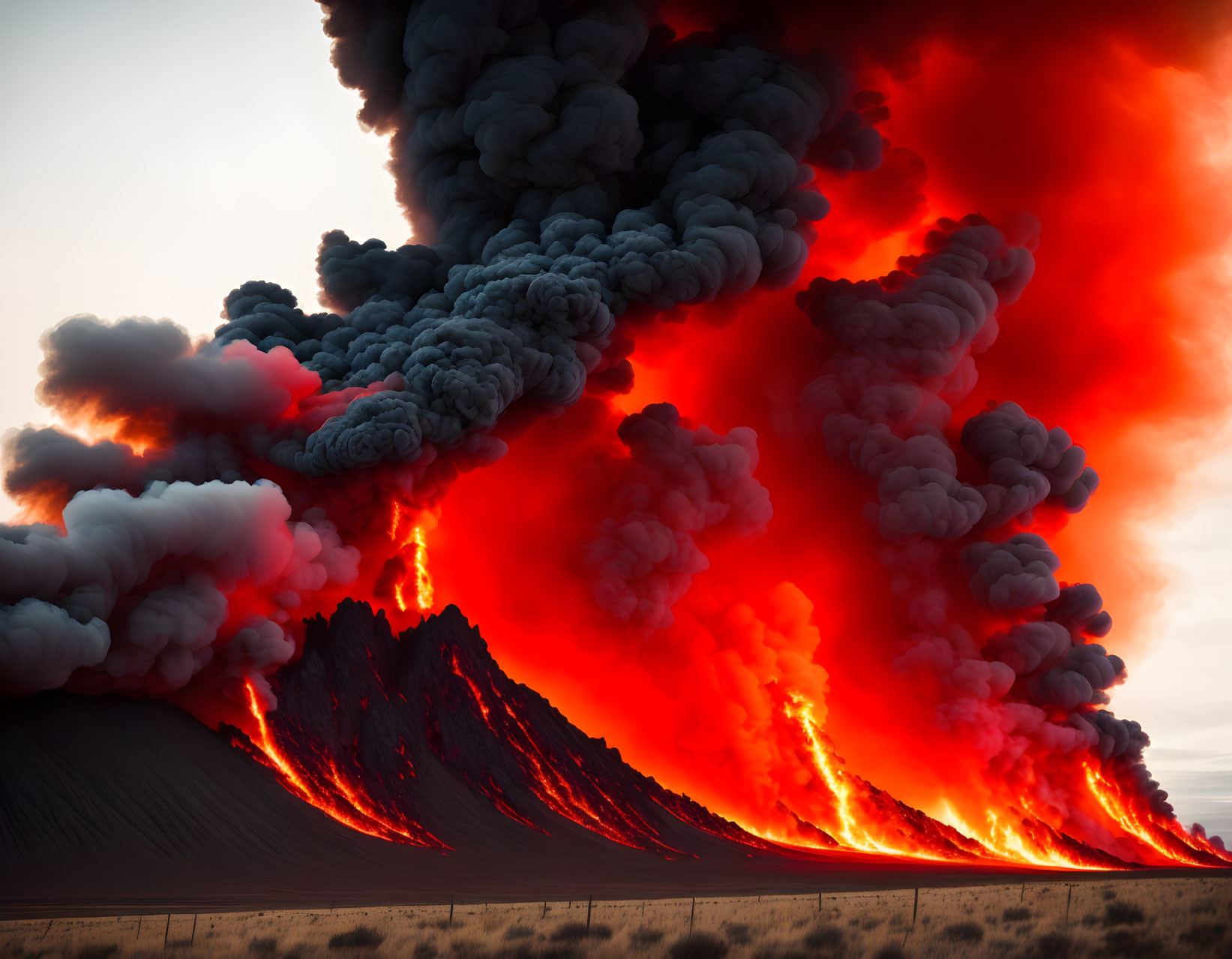 Glowing lava flows and ash clouds in volcanic eruption.