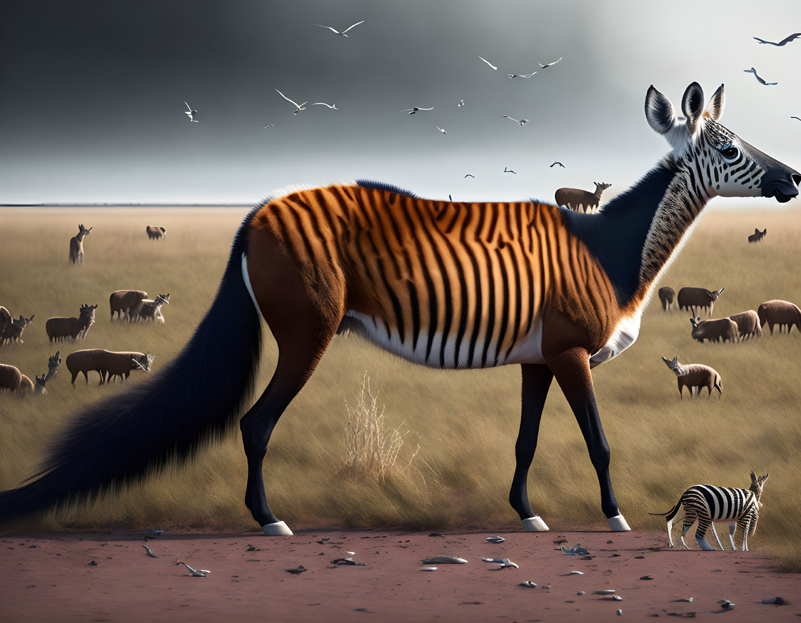 Surreal animal with zebra head and tiger body on savannah with antelopes under cloudy