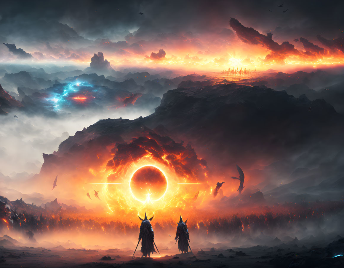 Silhouetted figures in front of fiery skies, eclipse, birds, and luminous structures