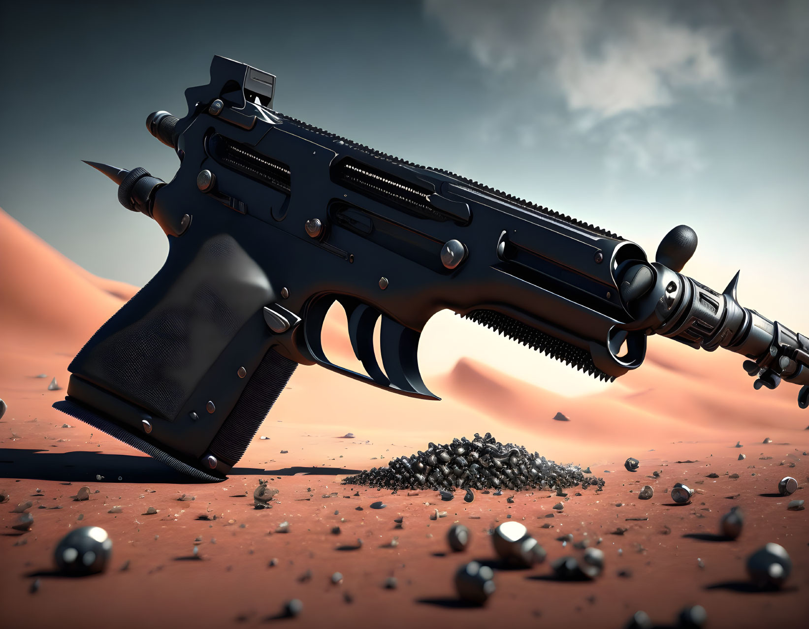 Futuristic black submachine gun with saw-edged bayonet in desert landscape