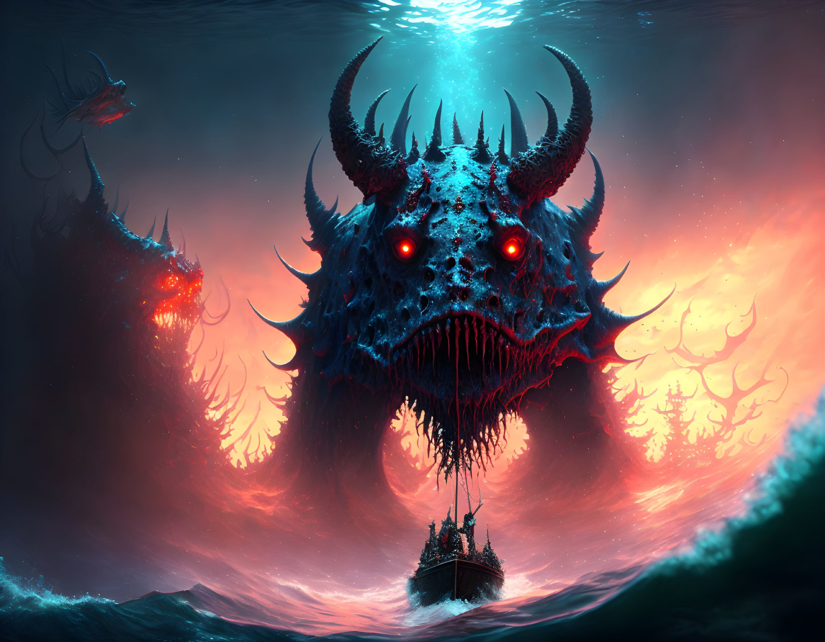 Glowing red-eyed sea monster with horns and fiery ocean in surreal scene