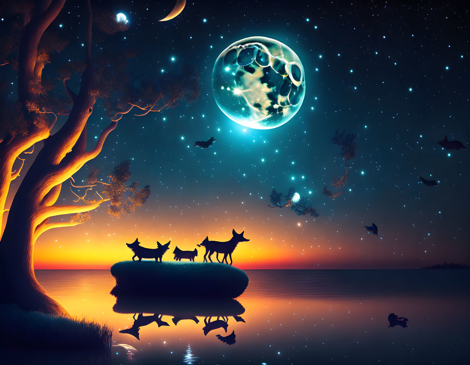 Surreal nightscape with wolves, full moon, birds, and reflective waterscape