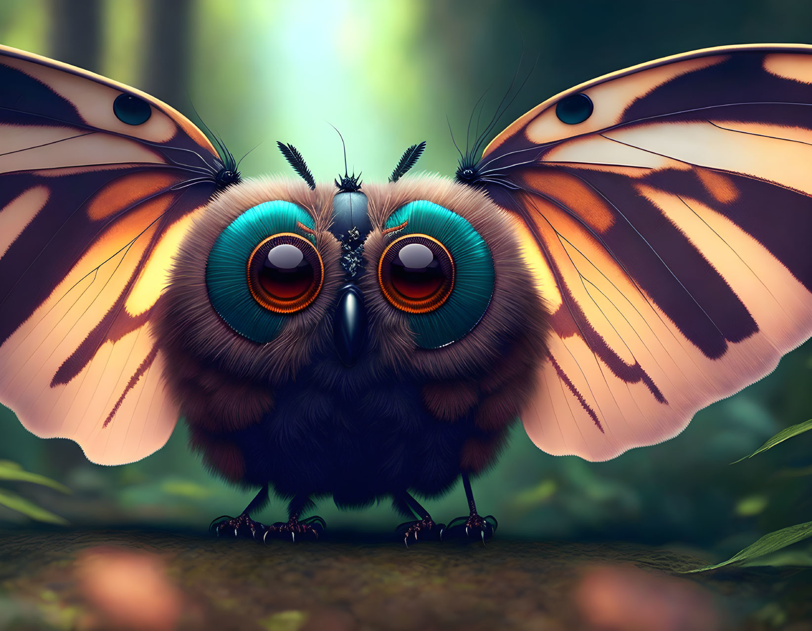 Whimsical owl-bodied creature with butterfly wings in forest