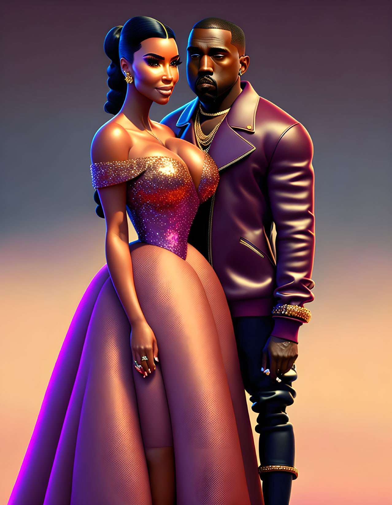 Stylized illustration of couple in purple dress and maroon jacket