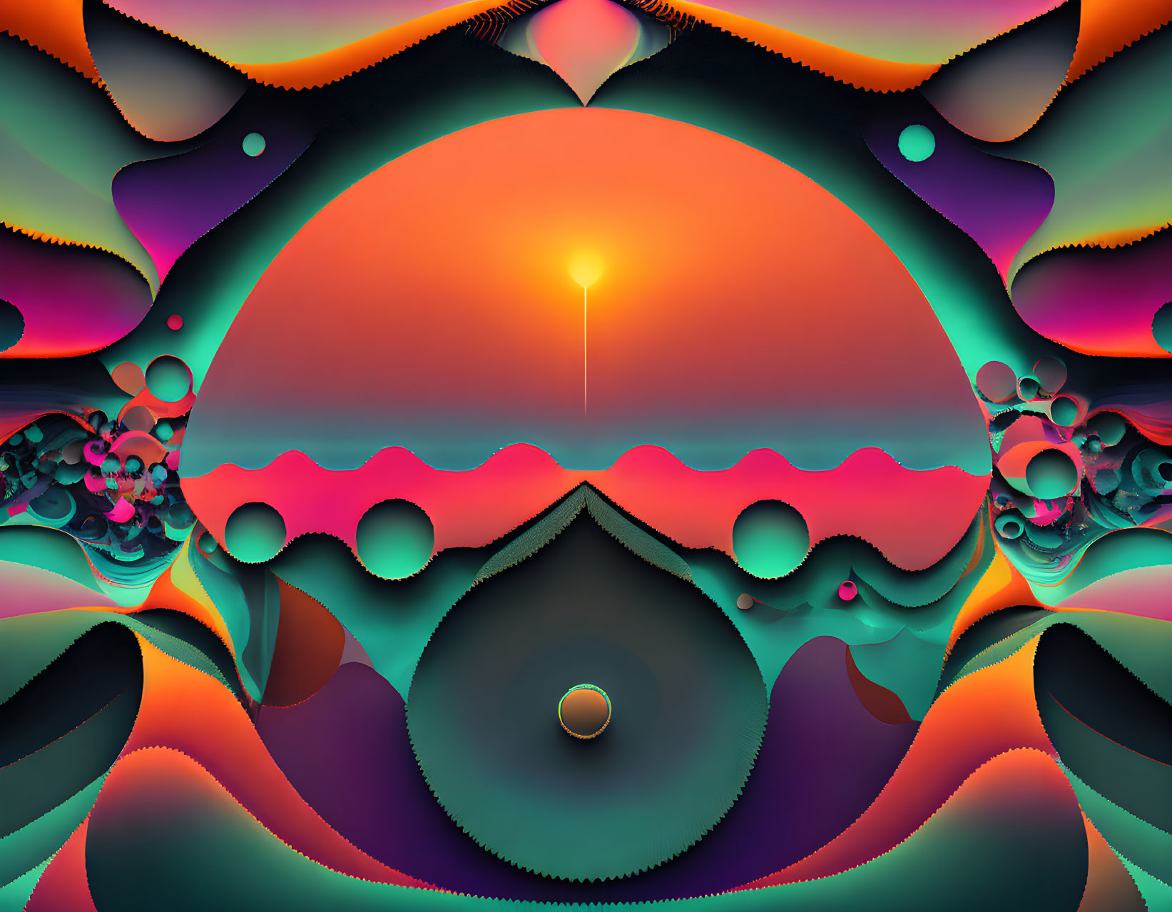 Colorful Abstract Digital Artwork with Glowing Orb & Symmetrical Patterns