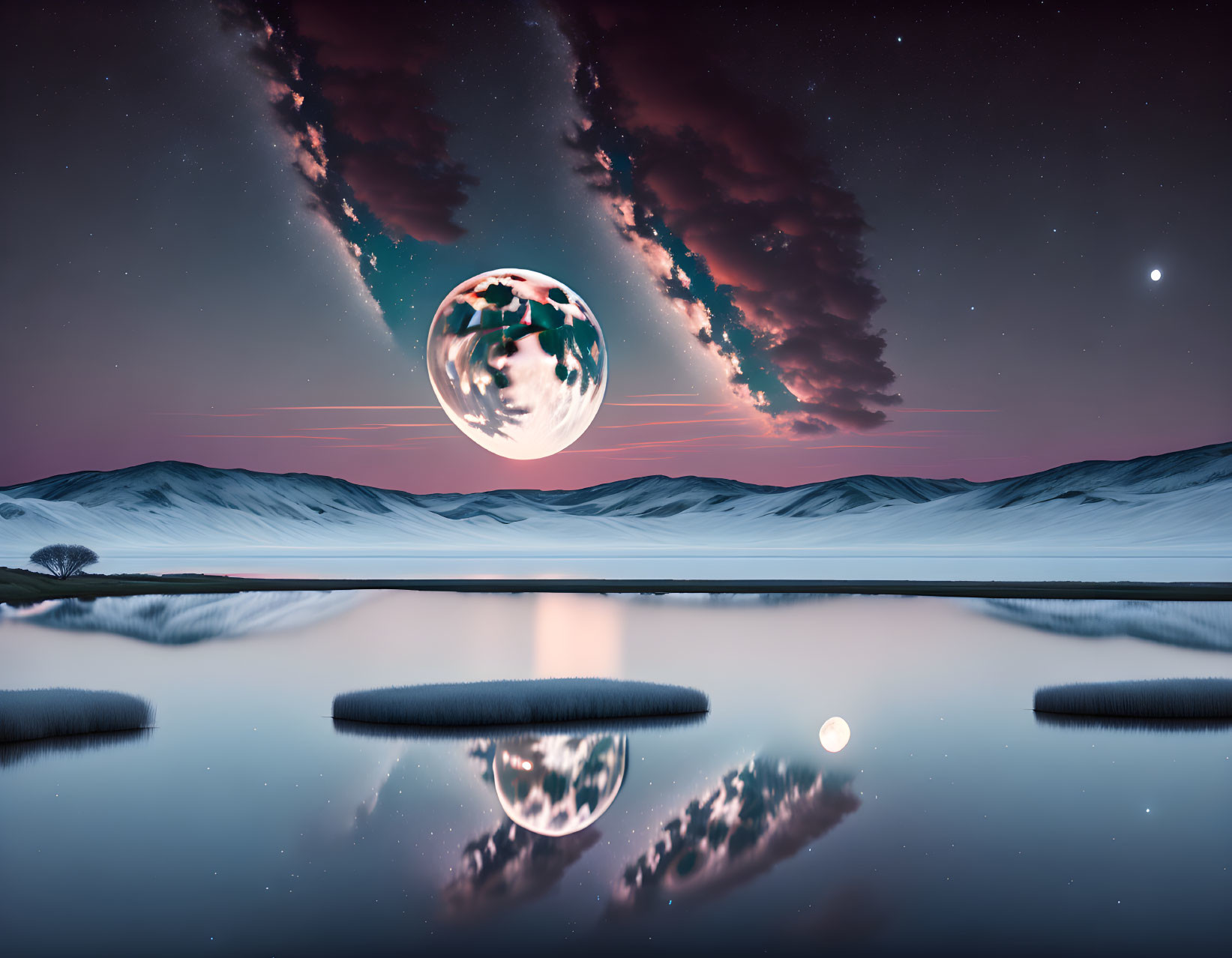 Snow-covered hills under twilight sky with surreal planet and reflection in water