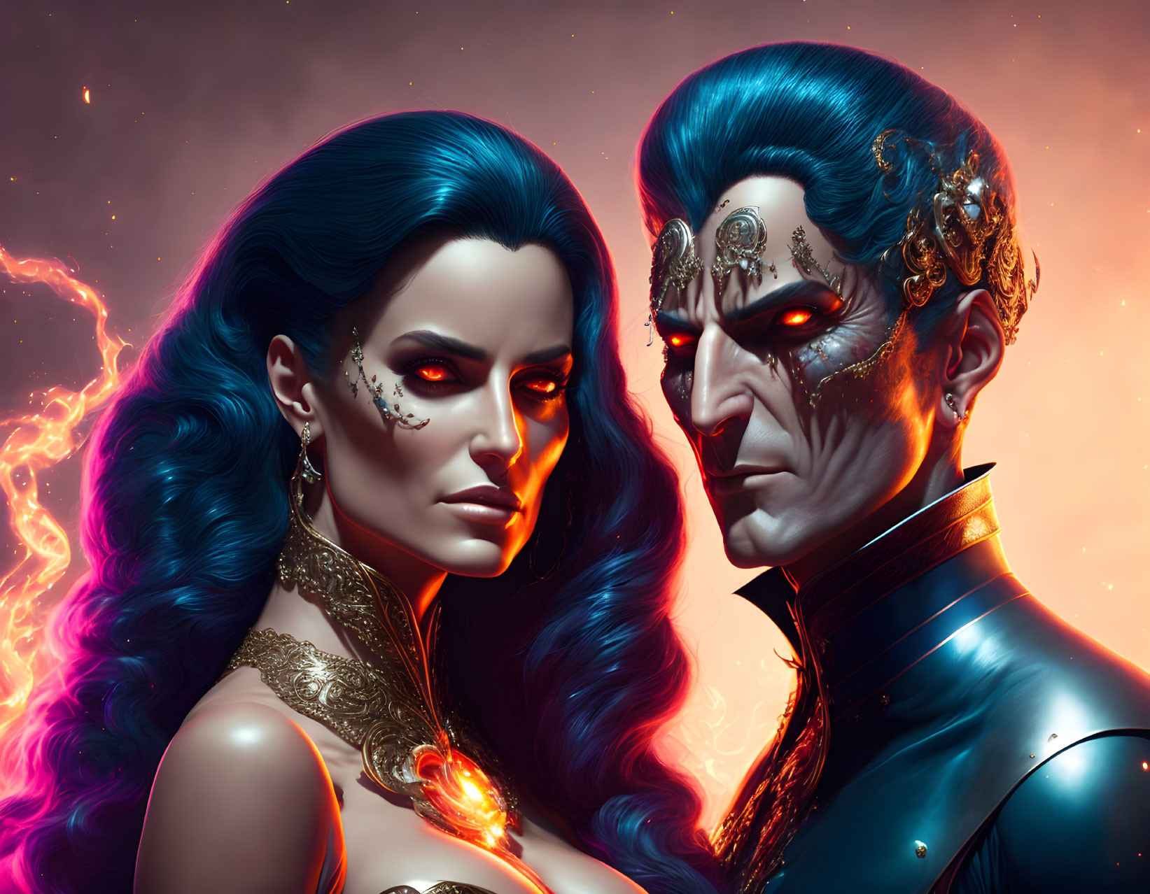 Blue-skinned male and female in gold jewelry on cosmic lightning backdrop