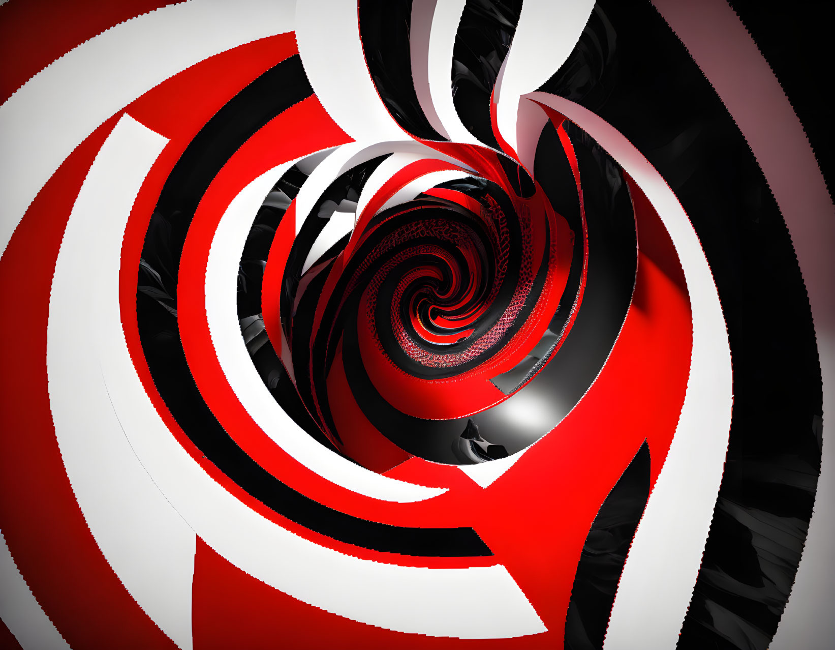 Abstract digital art: Red and black spiraling vortex on dark background