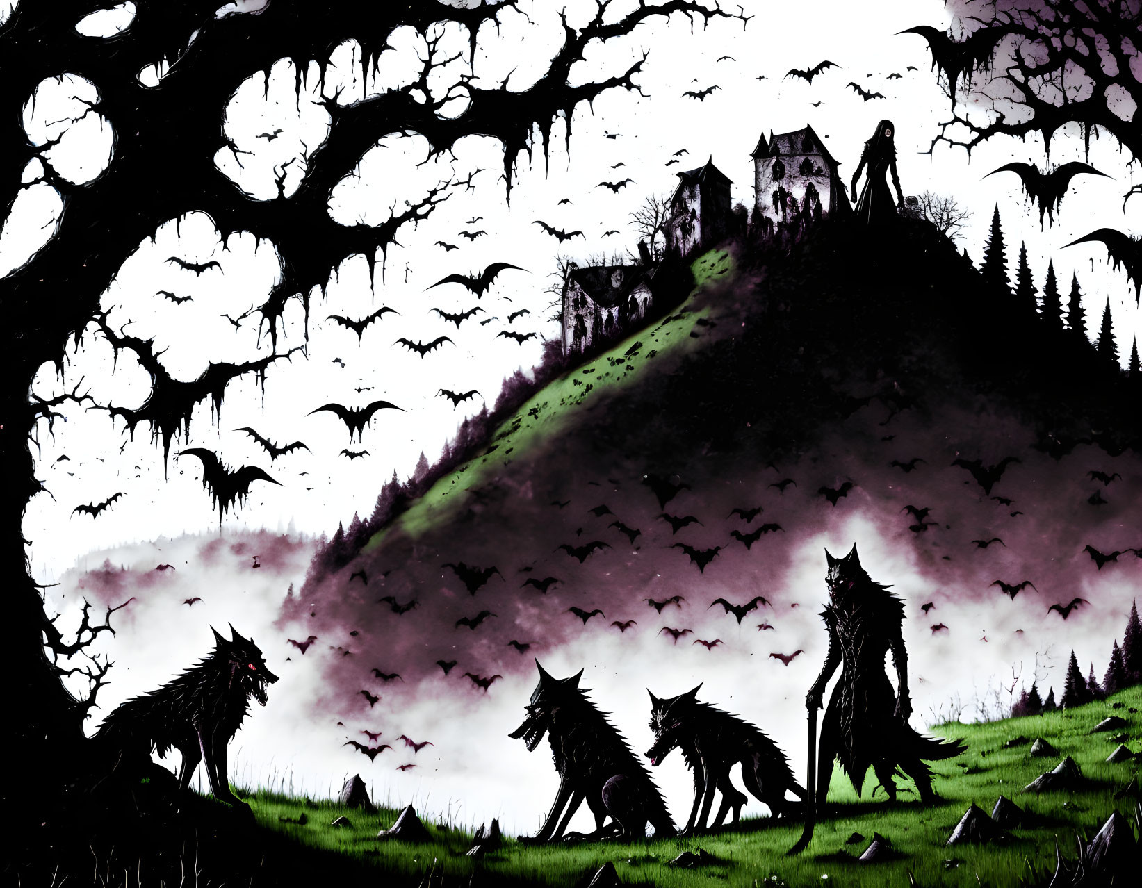 Spooky illustration of wolves, foggy forest, bats, and haunted castle