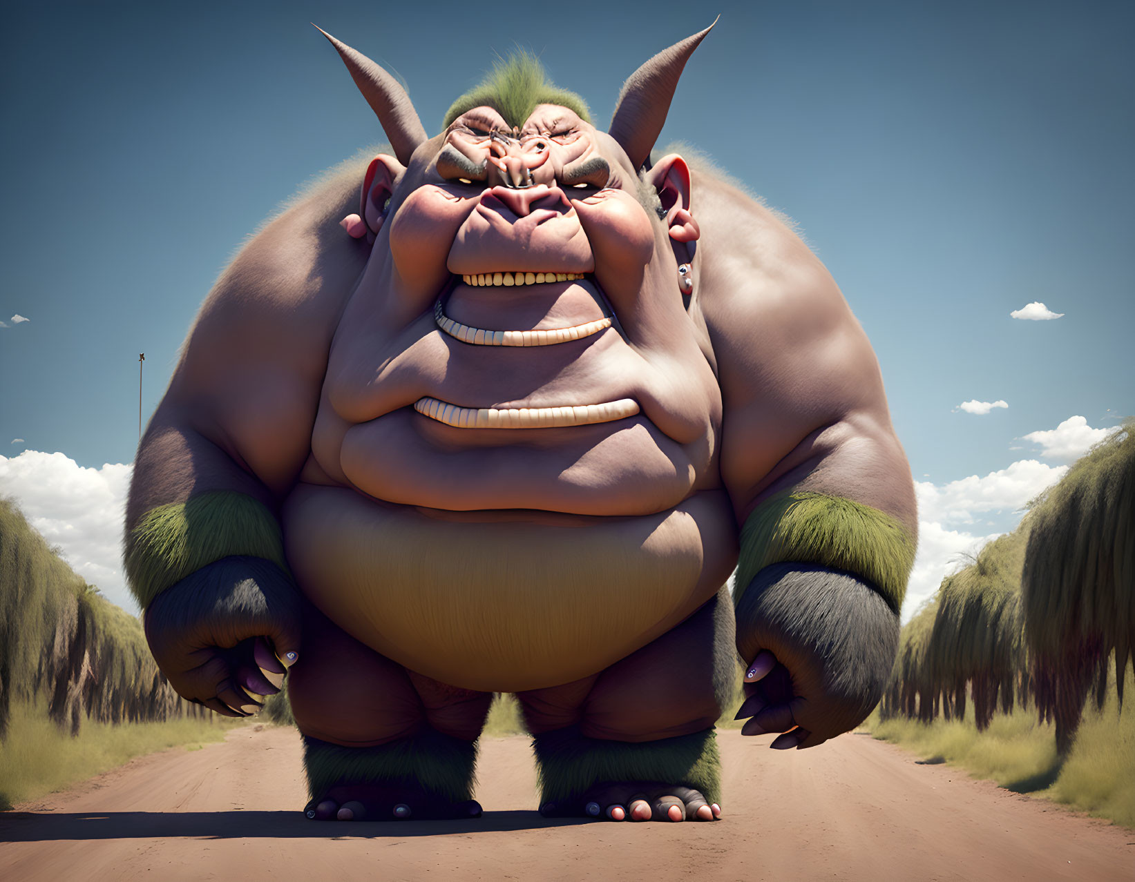 Muscular animated ogre with mean expression on dirt path.