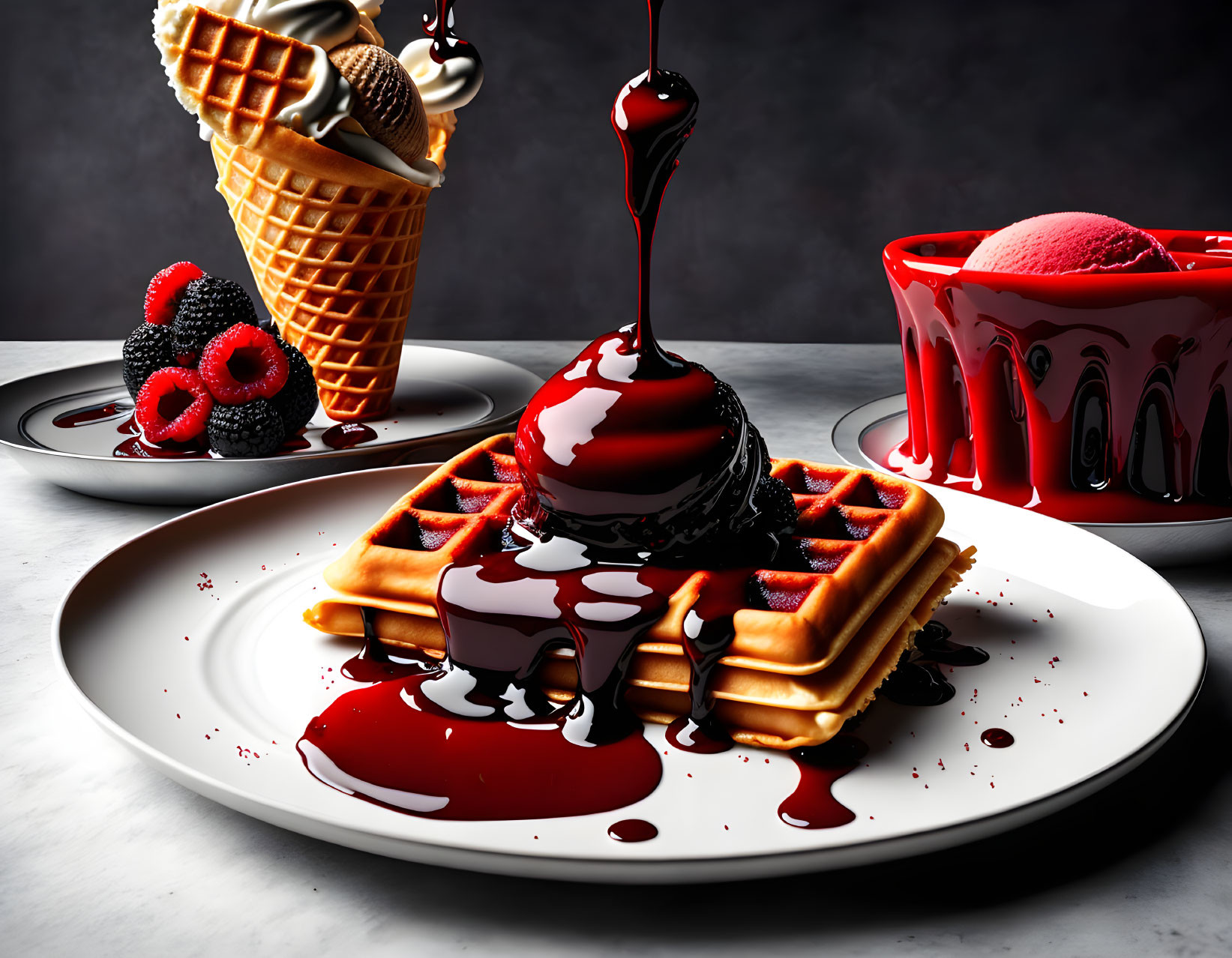 Decadent dessert: waffles with chocolate syrup, red berry sorbet, raspberries, w