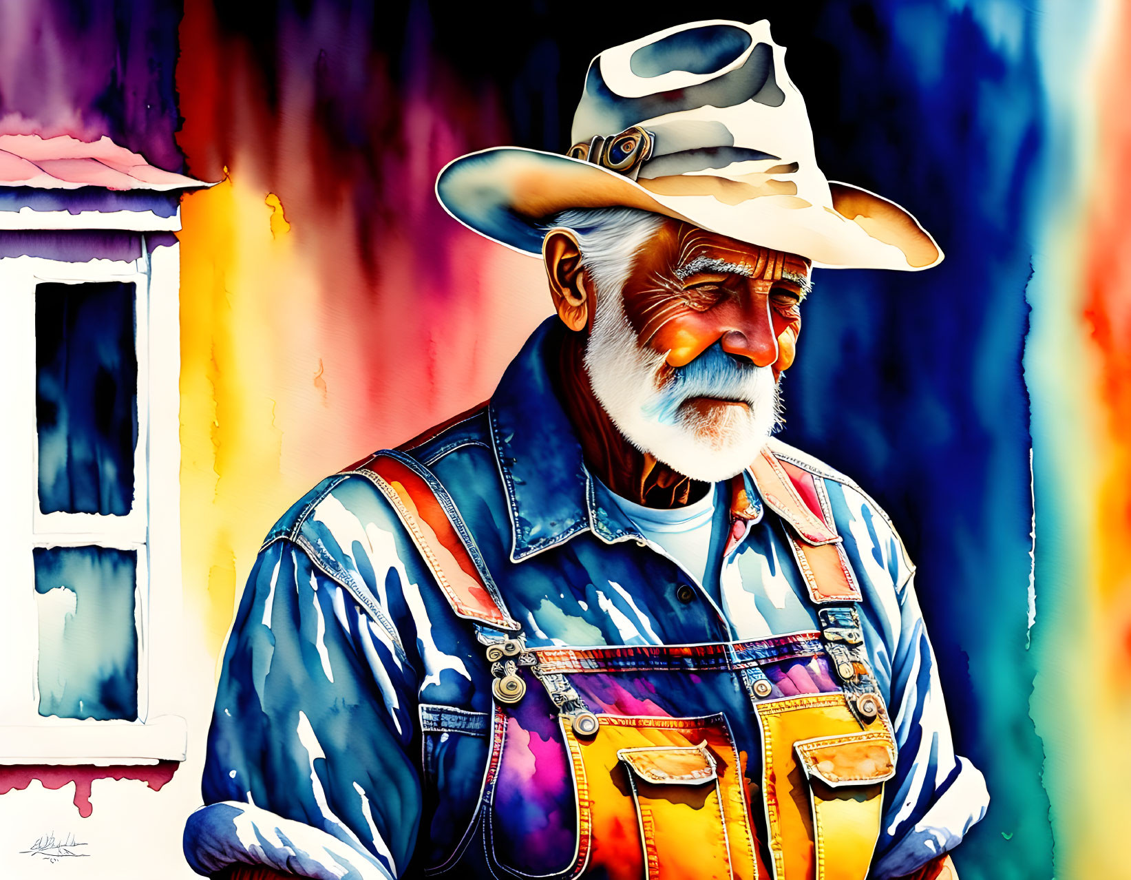 Vibrant illustration: older man in cowboy hat and overalls