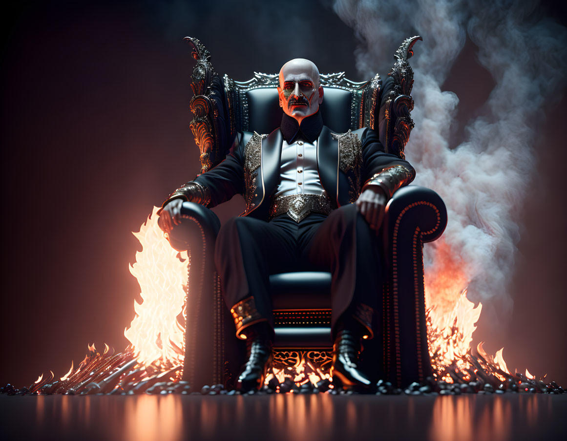 Serious bald man in stylish suit on ornate throne surrounded by flames