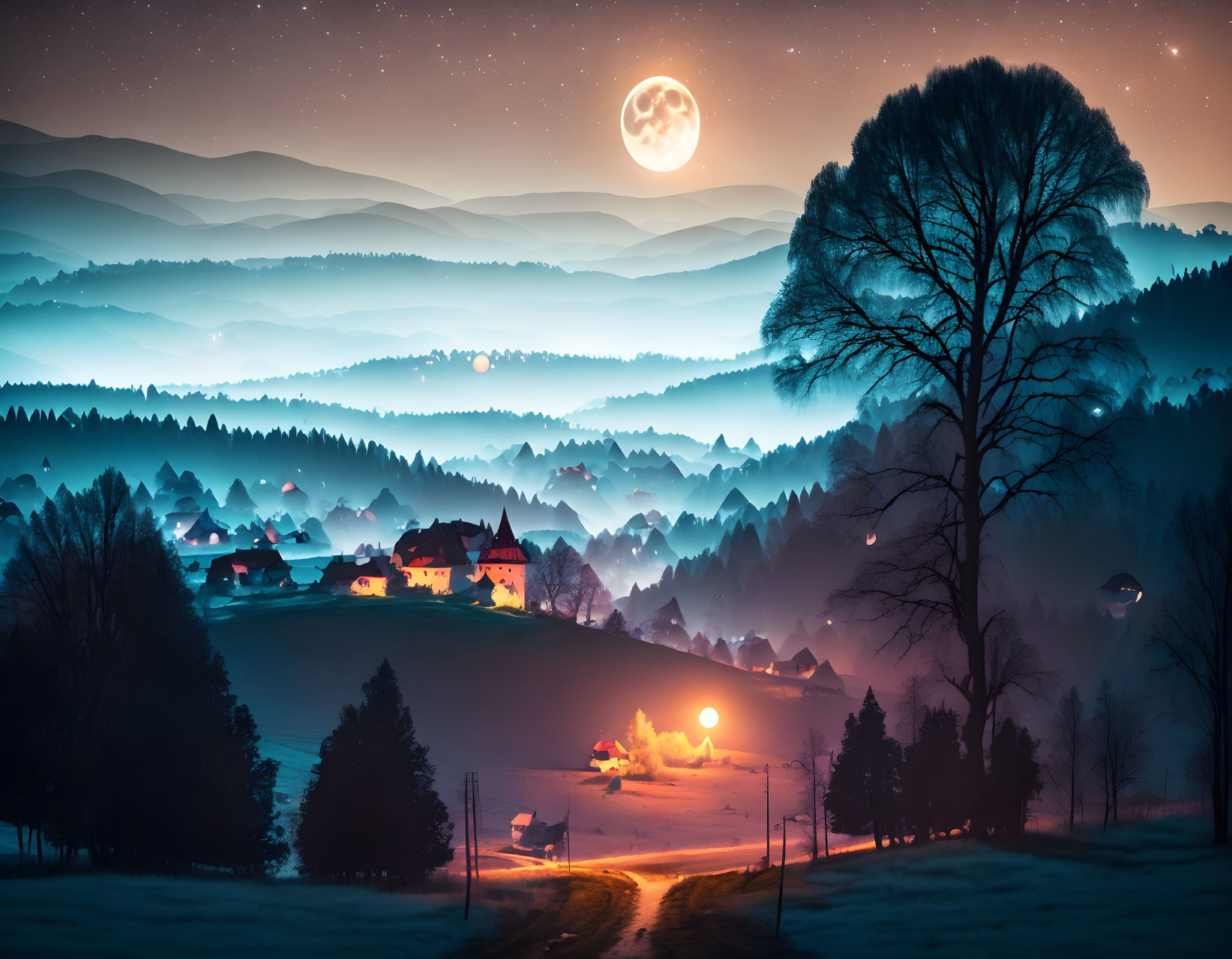 Moonlit landscape with village houses, misty hills, tree, starry sky