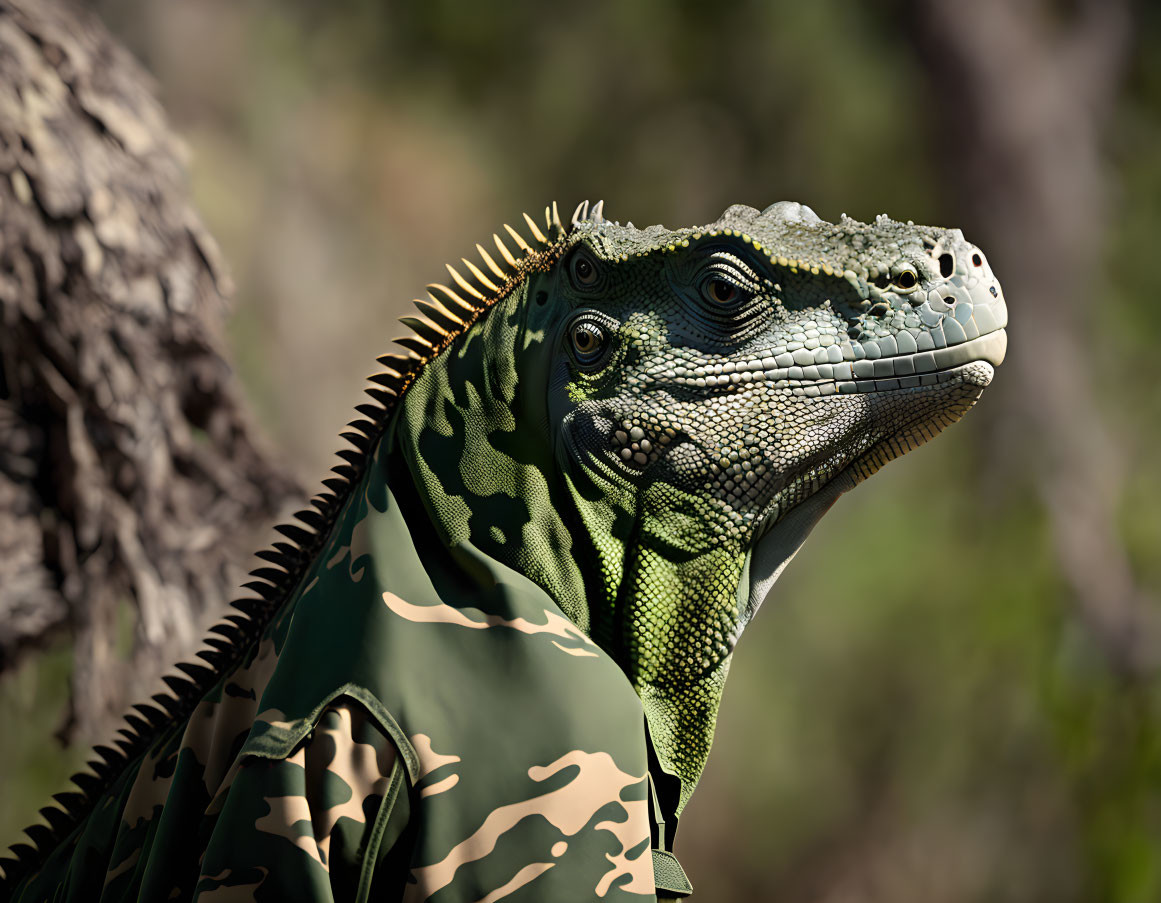 Detailed close-up of green iguana with intricate scales and spines against blurred background