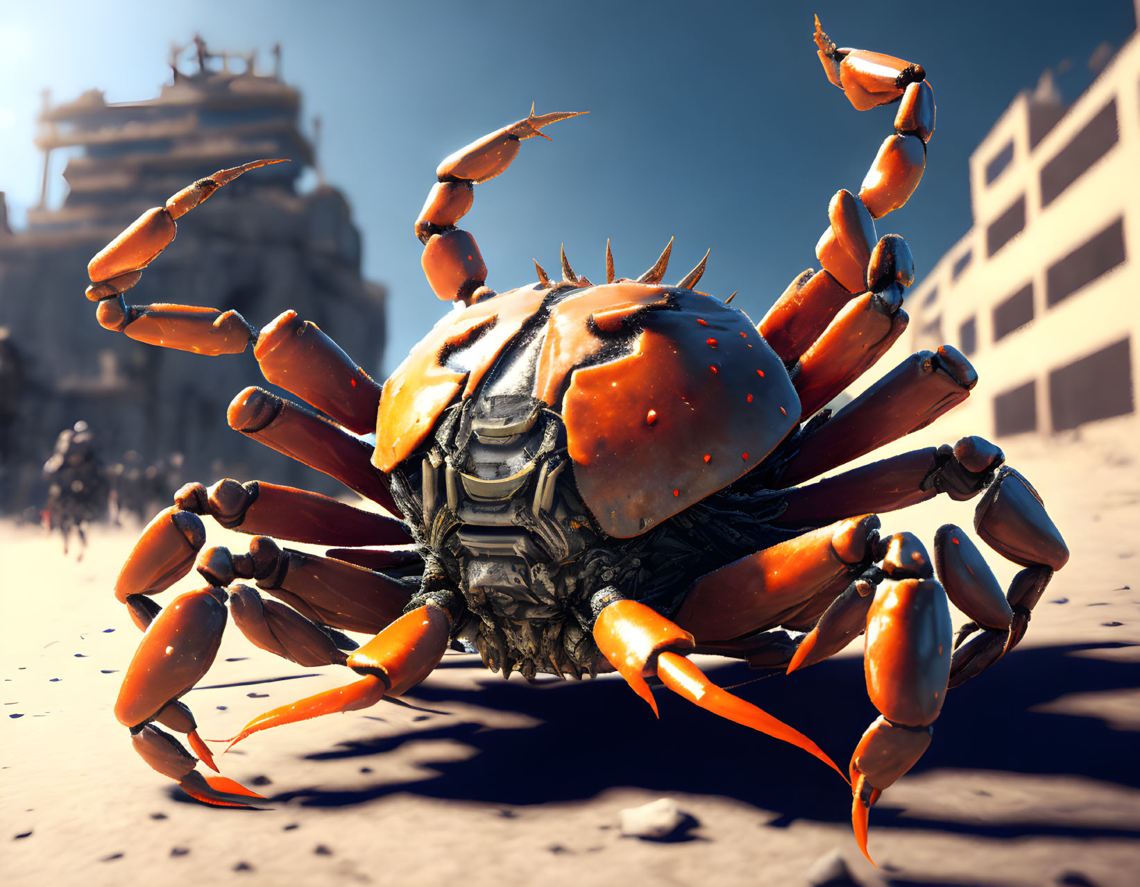 Mechanical crab in sandy desert with dilapidated buildings