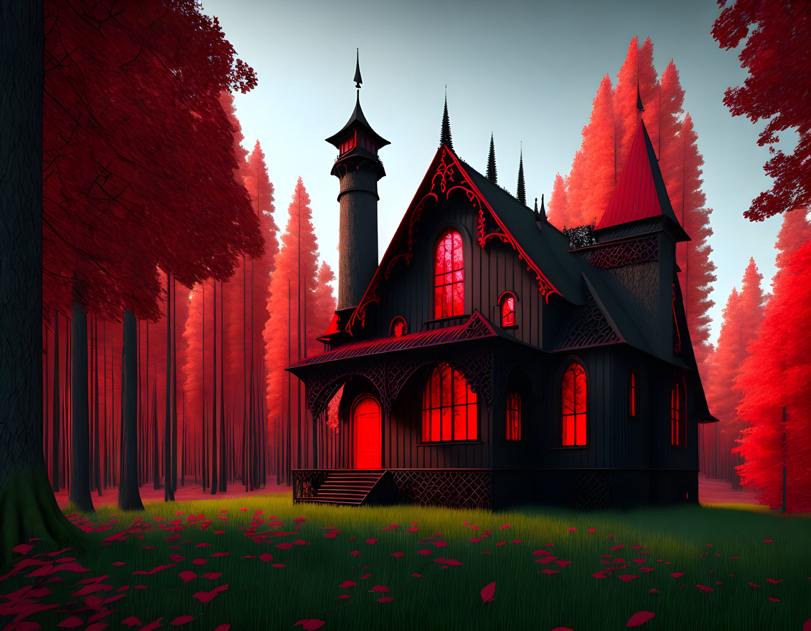 Black Gothic House with Red Windows in Forest Setting