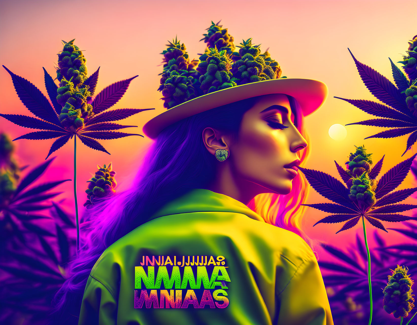 Profile of stylish woman in yellow jacket and hat against sunset backdrop with cannabis plants.