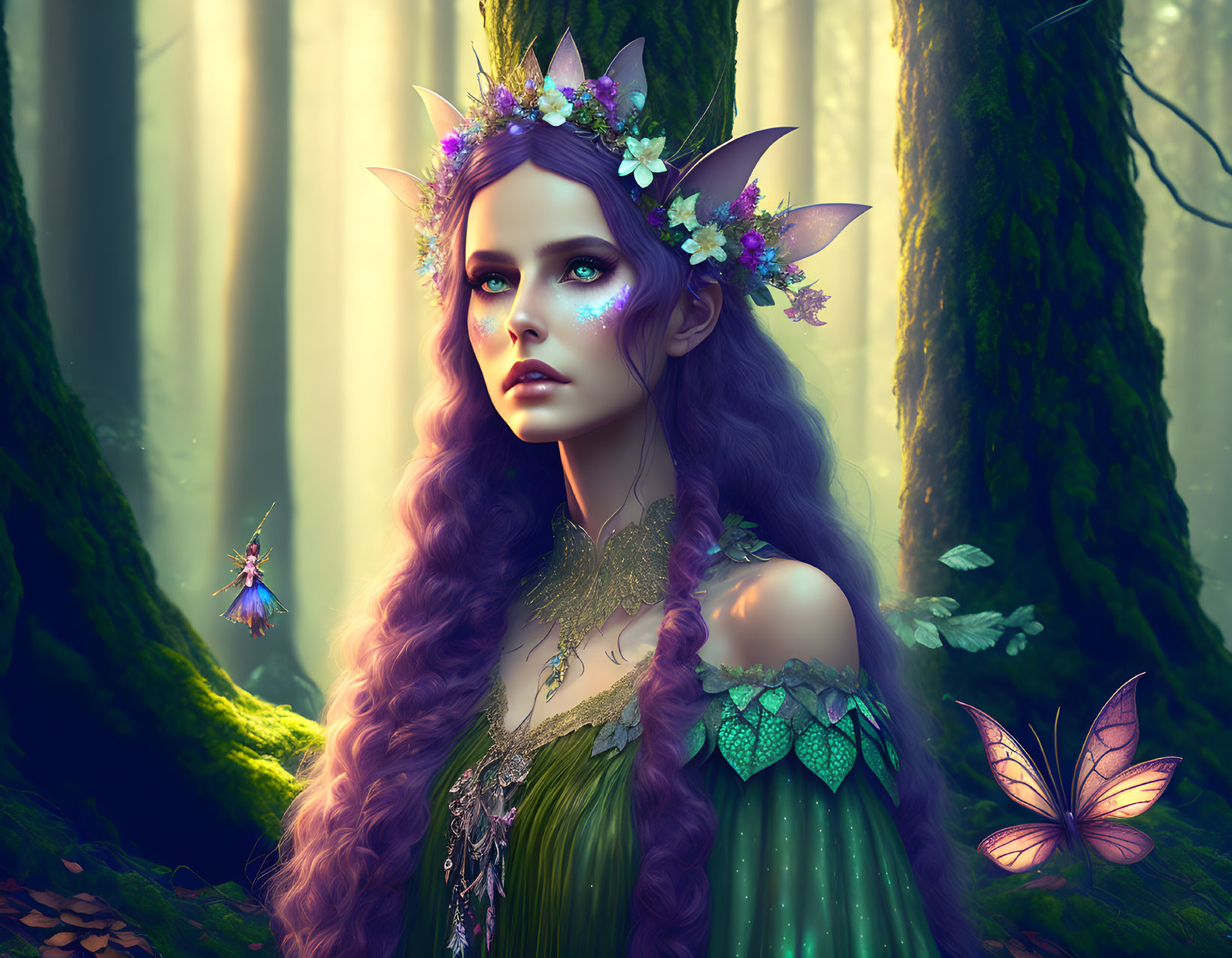 Mystical elf with violet eyes in enchanted forest with butterflies