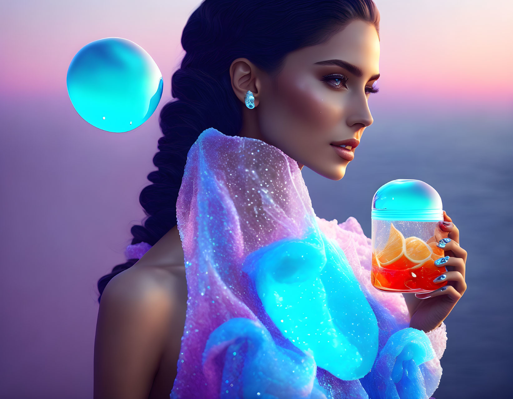 Braided woman in sparkling attire with potion bottle under dusk sky