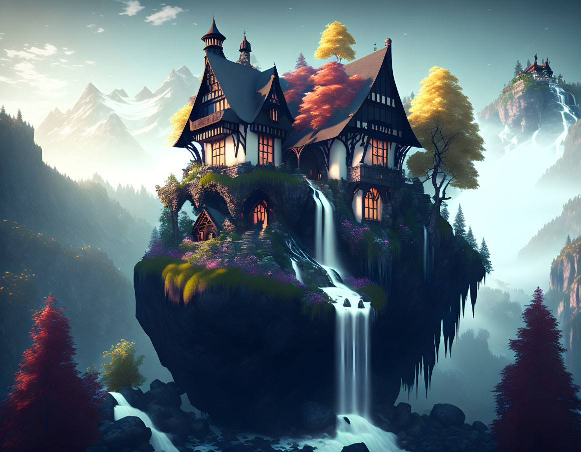 Enchanted house on floating island with waterfalls, autumn trees, mountain backdrop