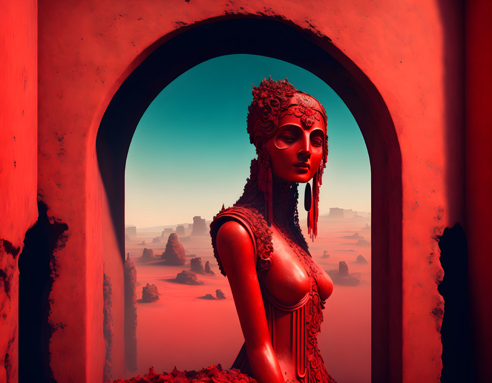 Surreal humanoid robotic figure in arched doorway overlooking red landscape