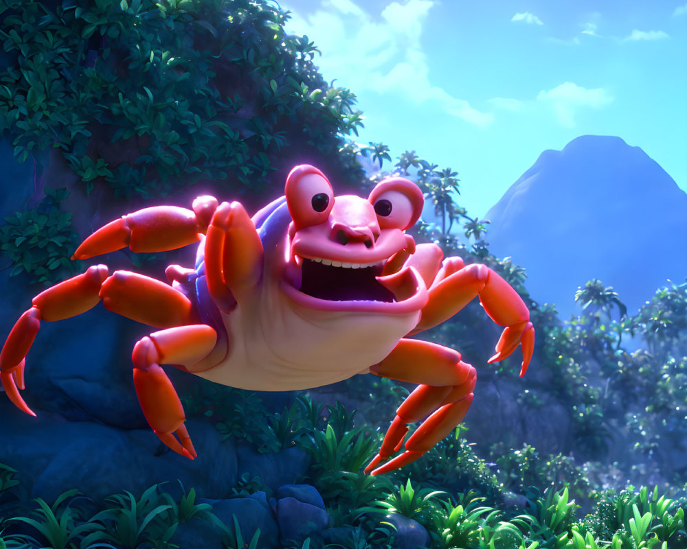 Colorful 3D animated crab in lush jungle with sunlight glow