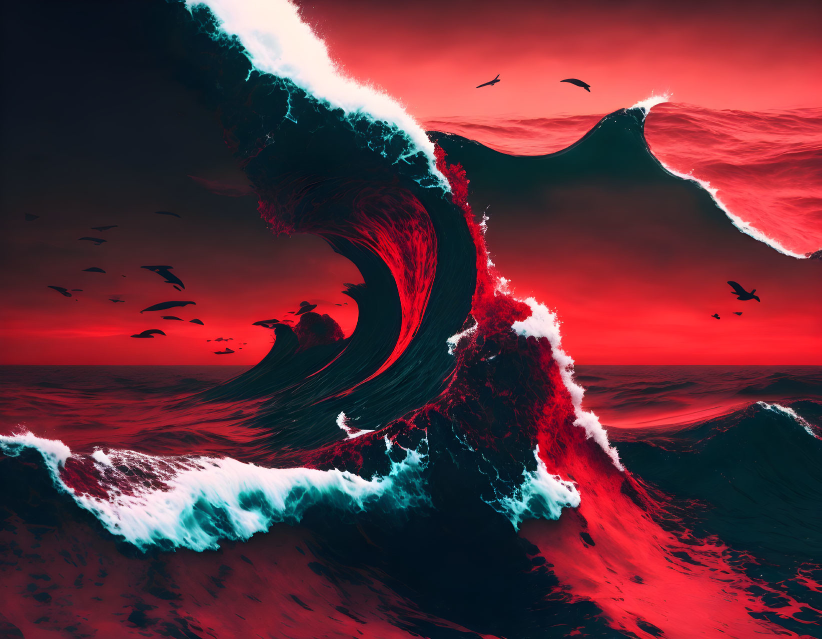 Powerful Crimson and Black Waves with White Foam under Dark Sky and Flying Birds