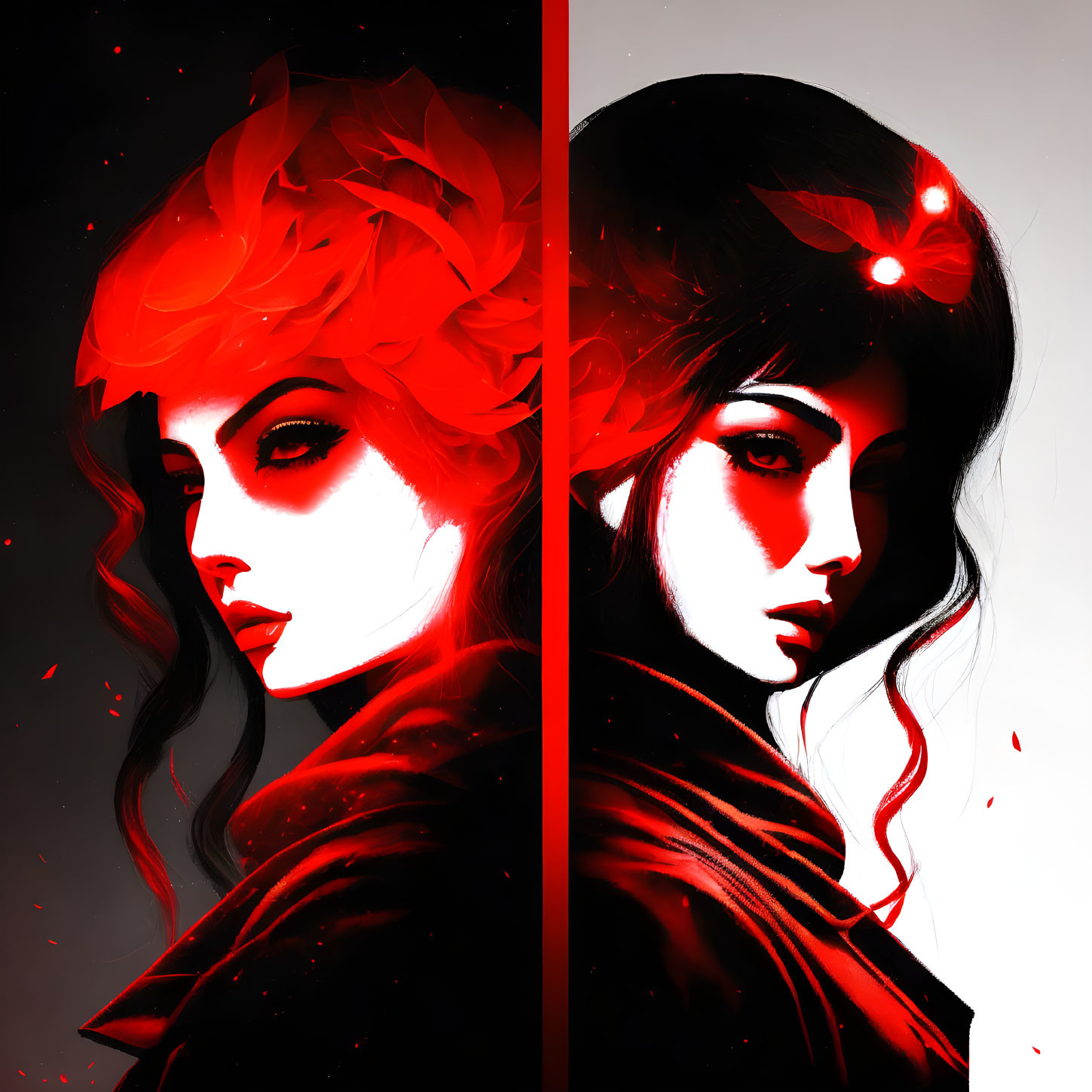 Split-image of two women in red and black tones with sleek hairstyles and glowing red accents