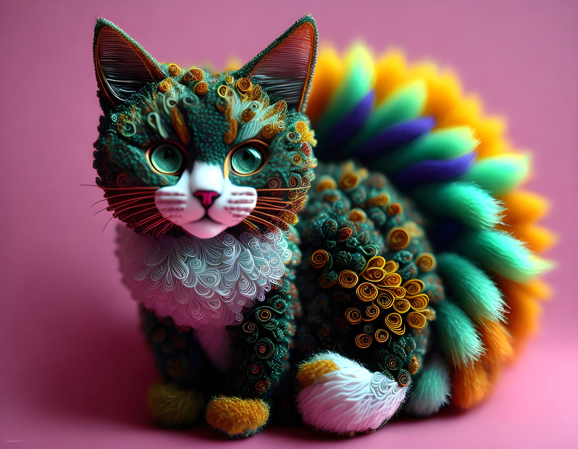 Colorful cat figurine with green eyes on pink background