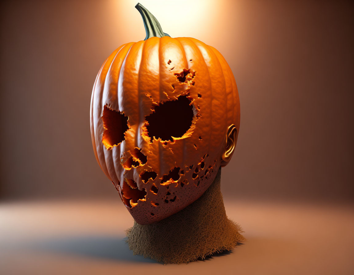 Carved pumpkin with human-like face on orange background