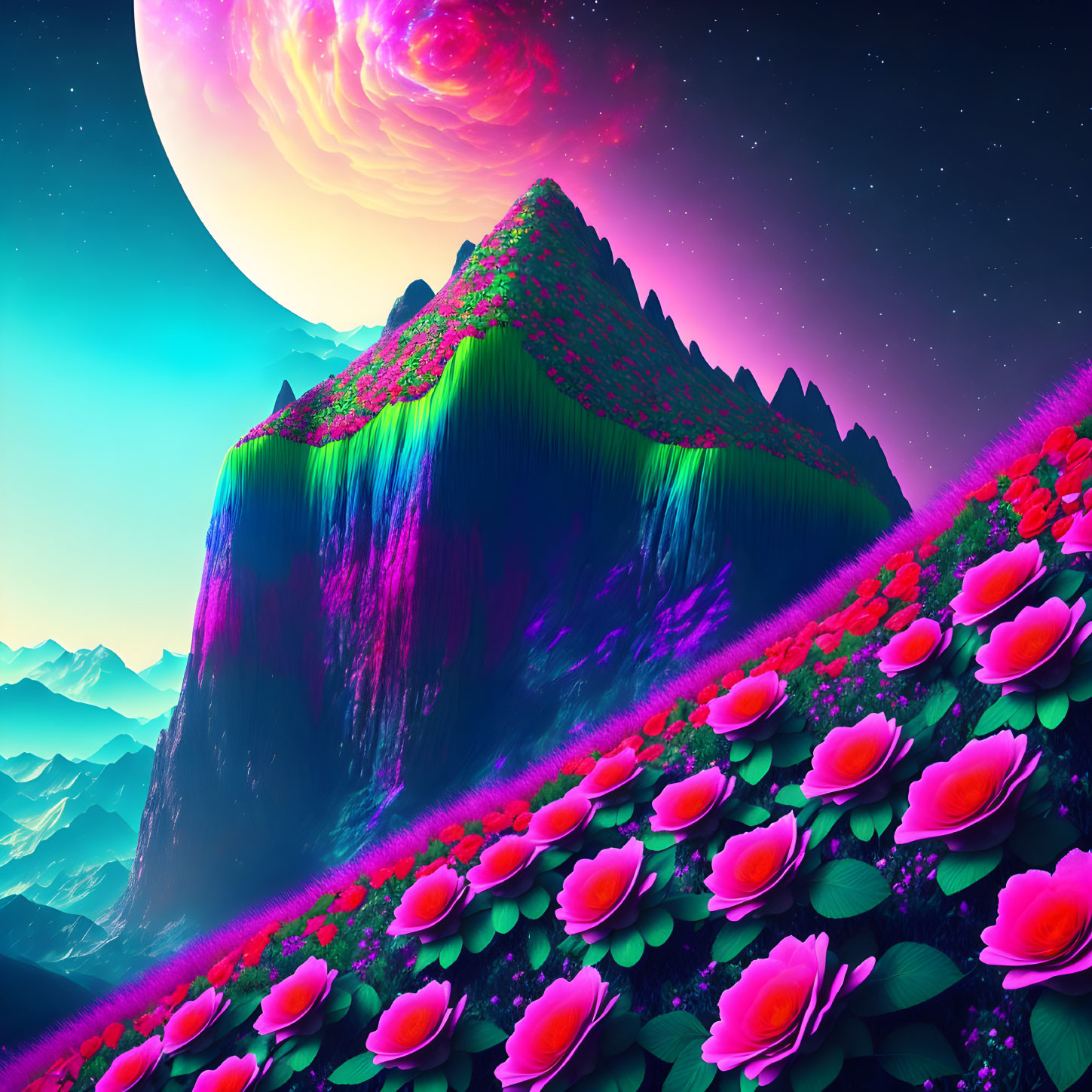 Surreal landscape with neon mountains, planet, and pink roses