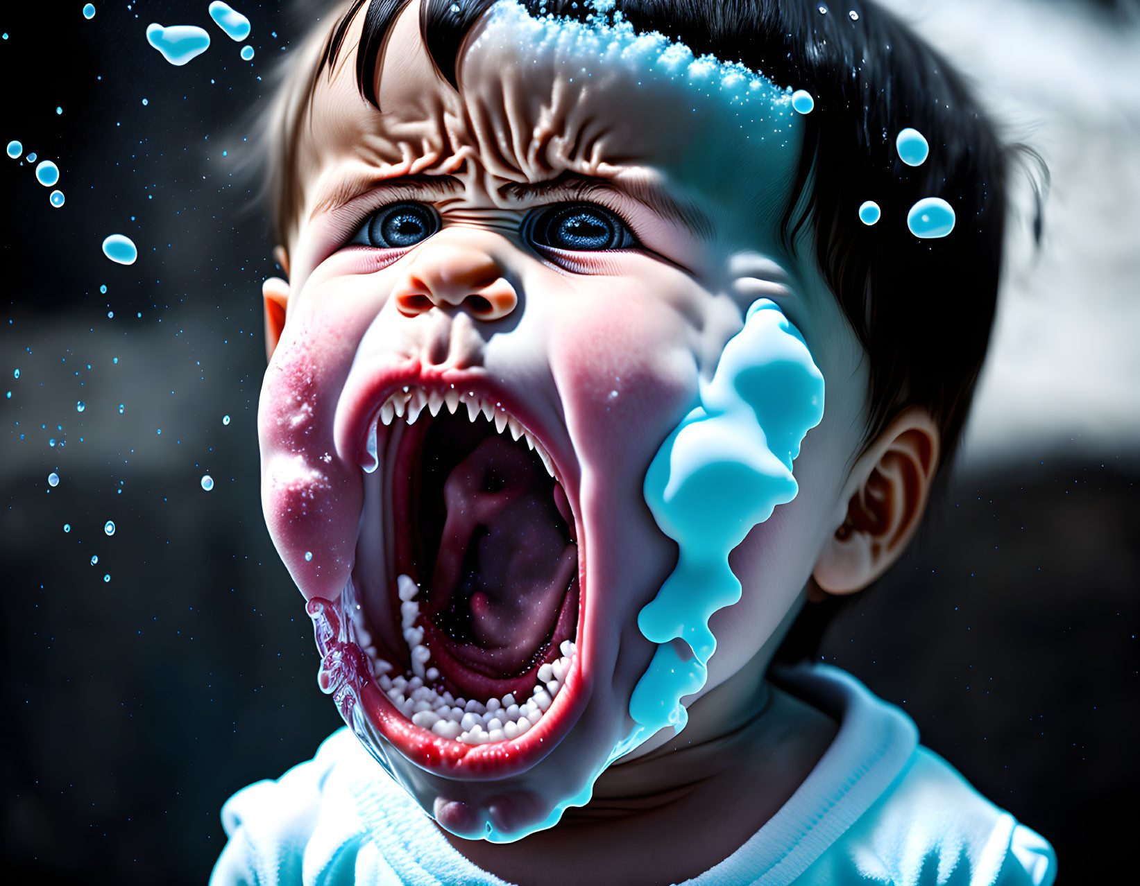 Close-up of toddler with blue and white foam screaming in tantrum