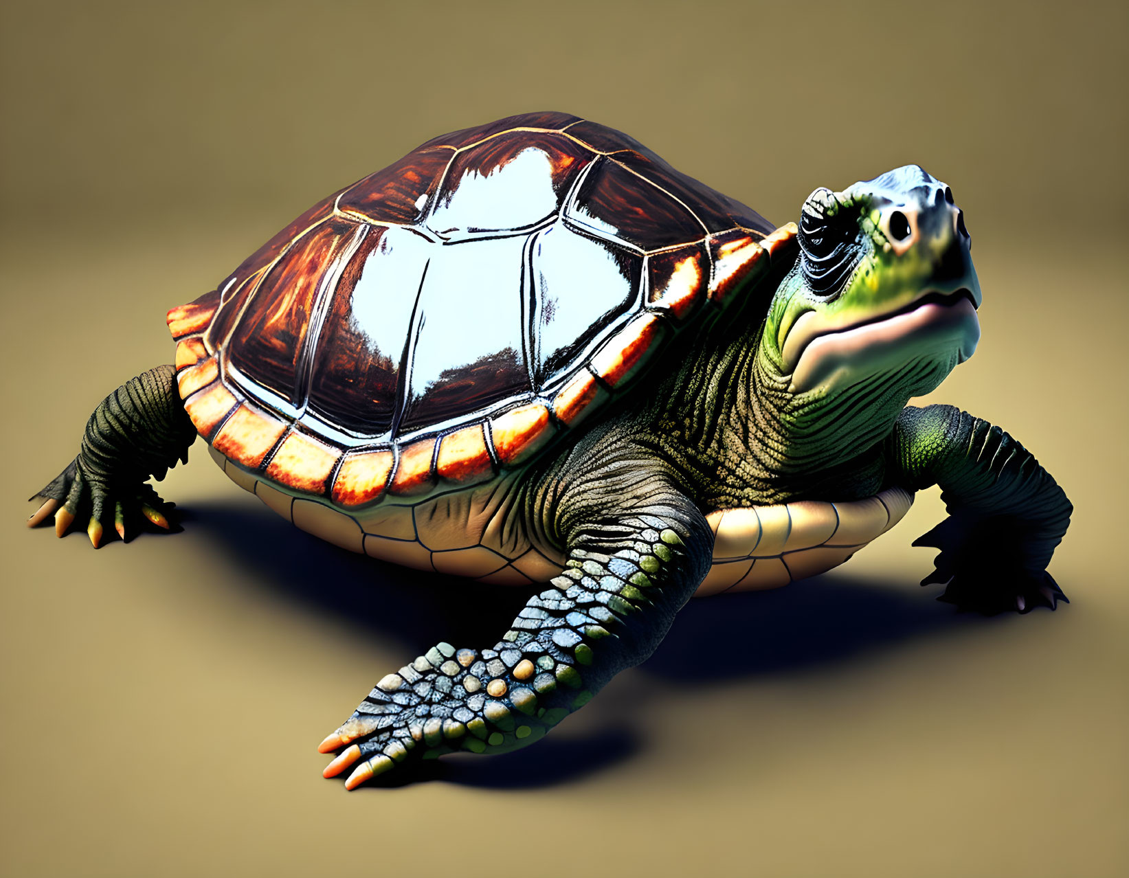 Detailed 3D rendering of shiny, patterned turtle shell