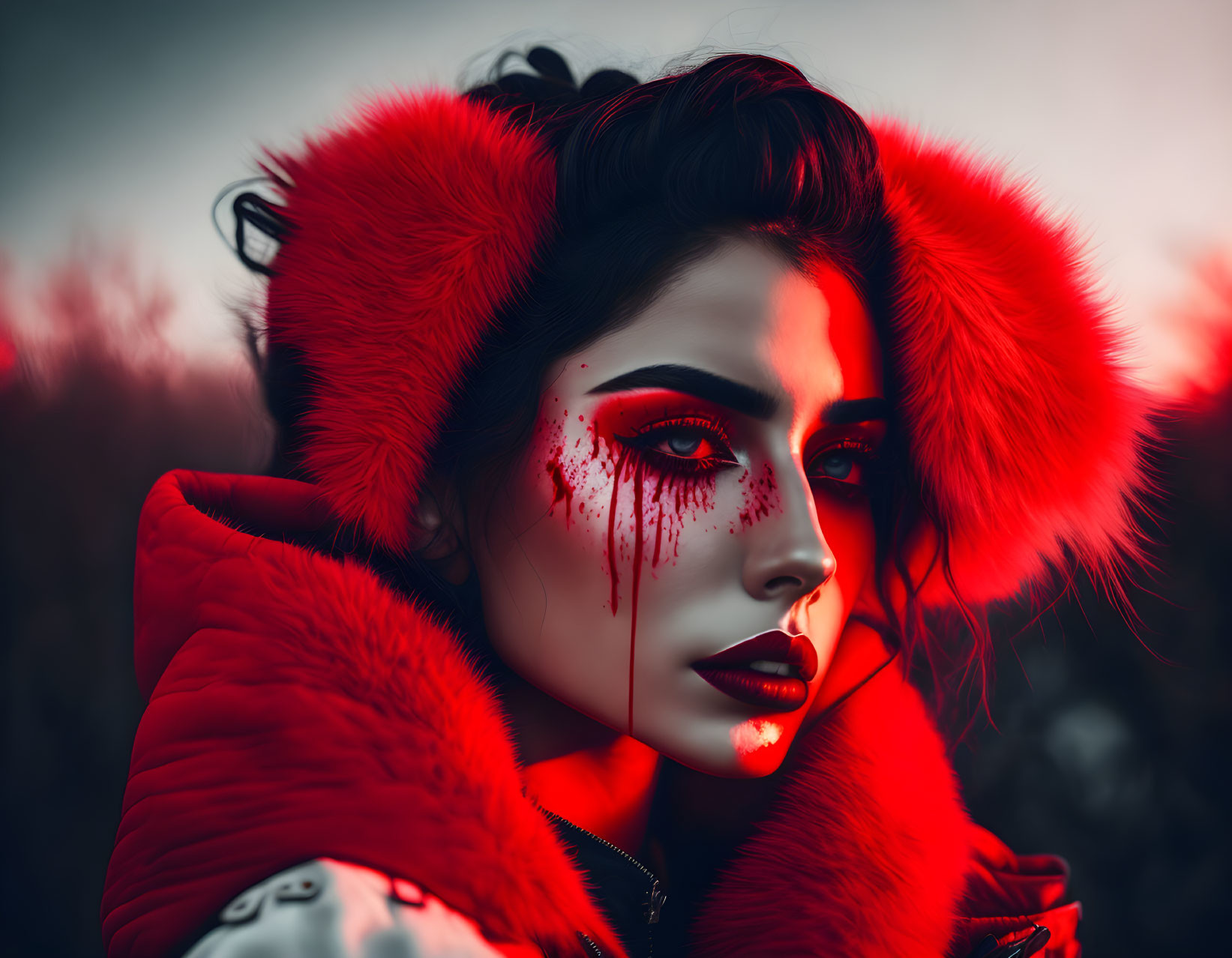 Woman in Red Fur Coat with Striking Red Makeup