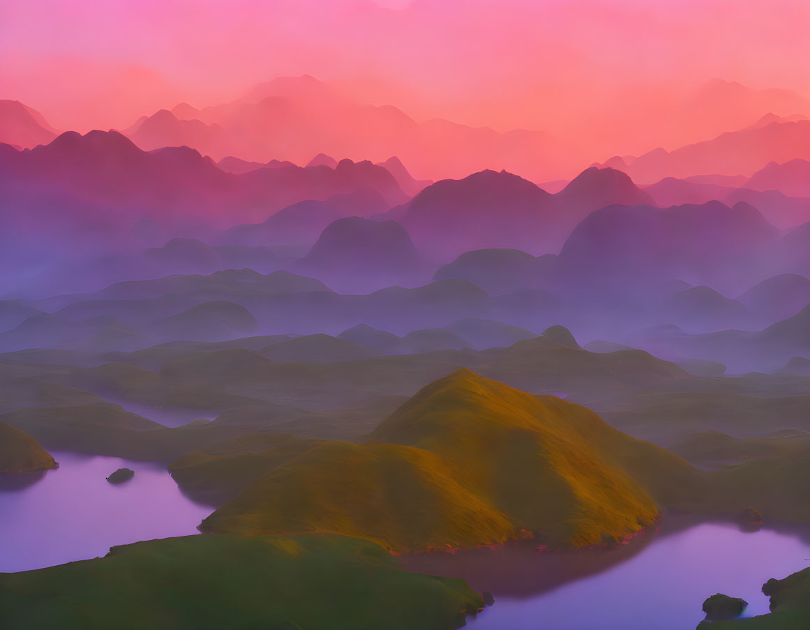 Purple mountain landscape at dusk or dawn with misty skies in pink and orange hues