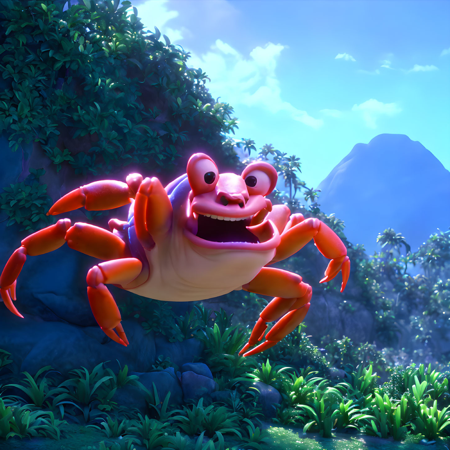 Colorful 3D animated crab in lush jungle with sunlight glow