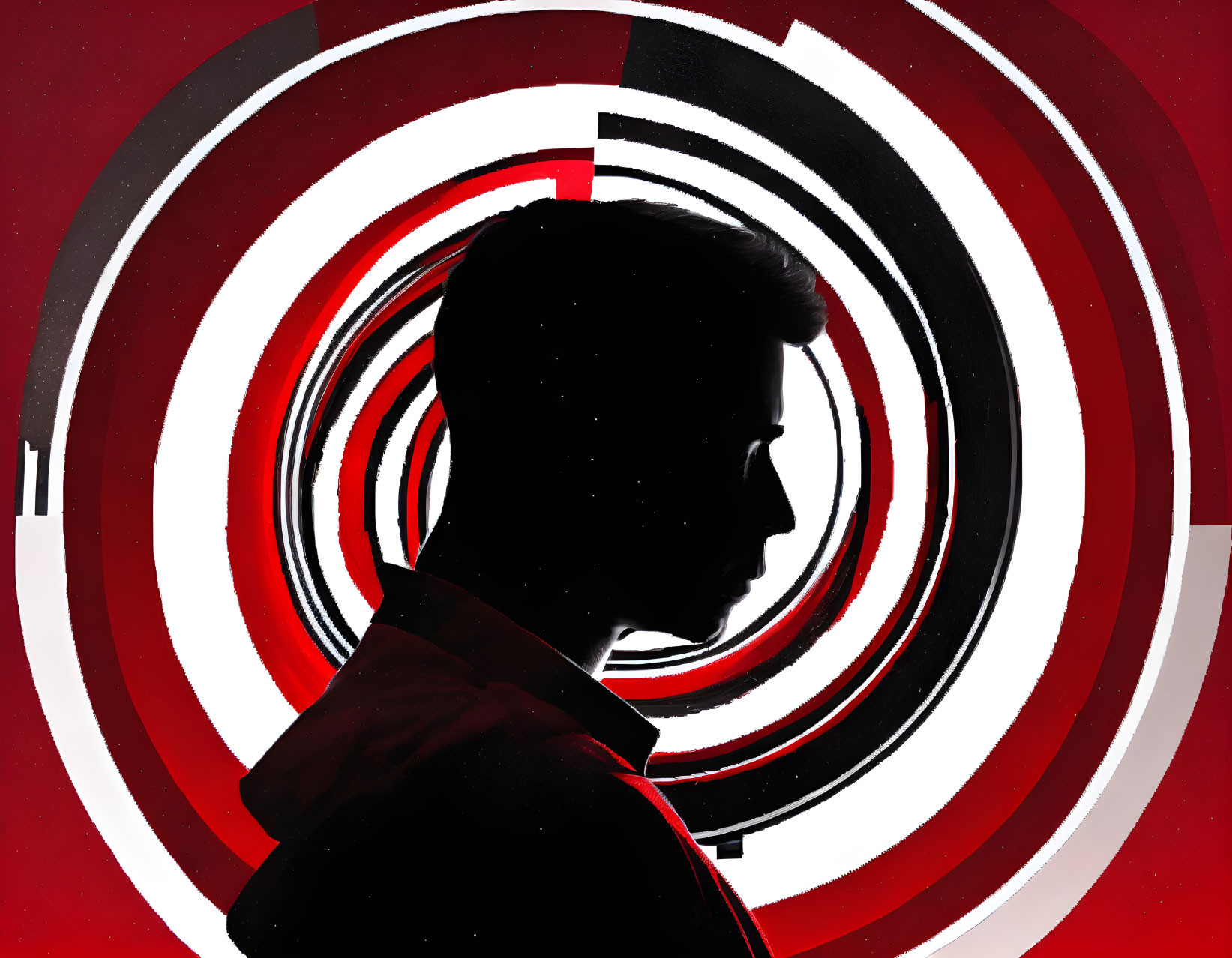 Man's Silhouette on Red and White Spiral Background