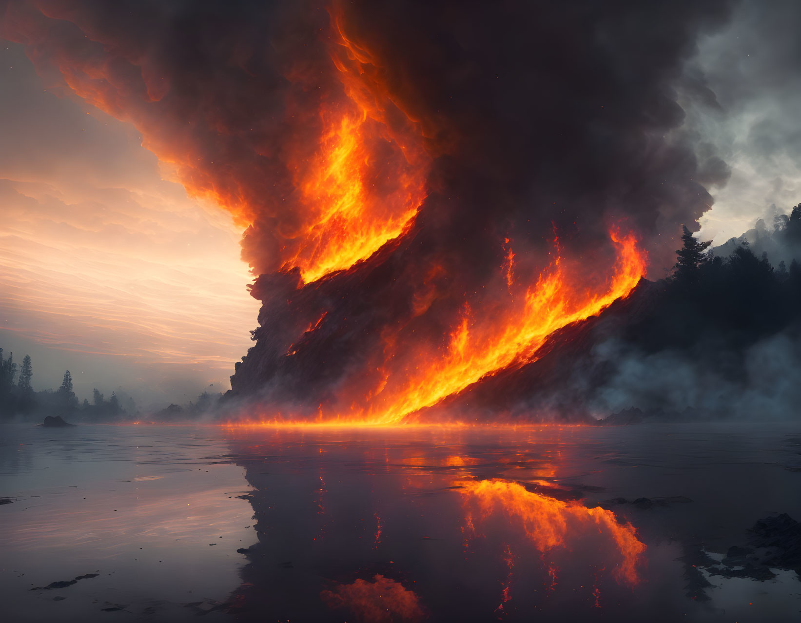 Volcanic eruption with lava flows and ash cloud reflecting on water at dusk