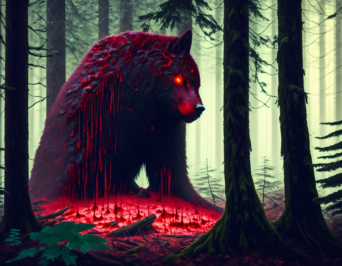 Red Glowing Wolf in Misty Green Forest Environment