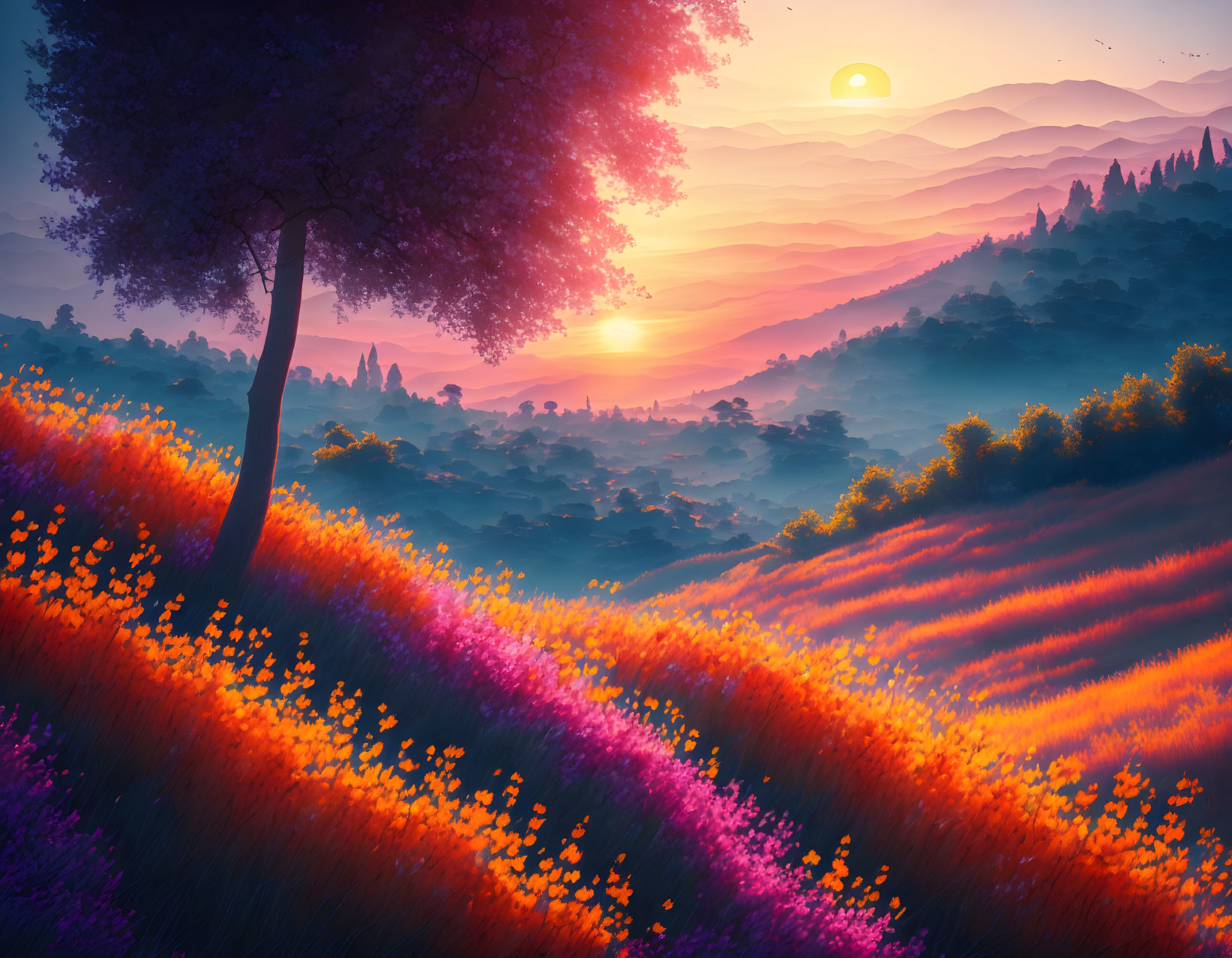 Colorful sunset over purple and orange hills with lone tree