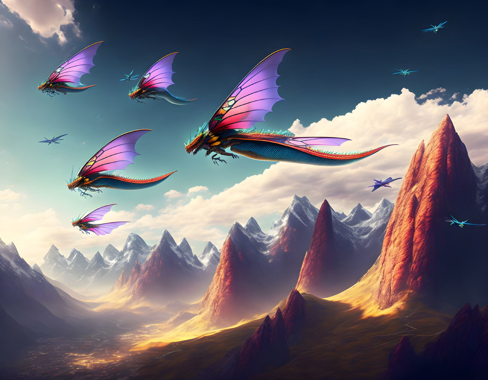 Vibrant dragonflies soar over majestic mountains in dramatic scenery