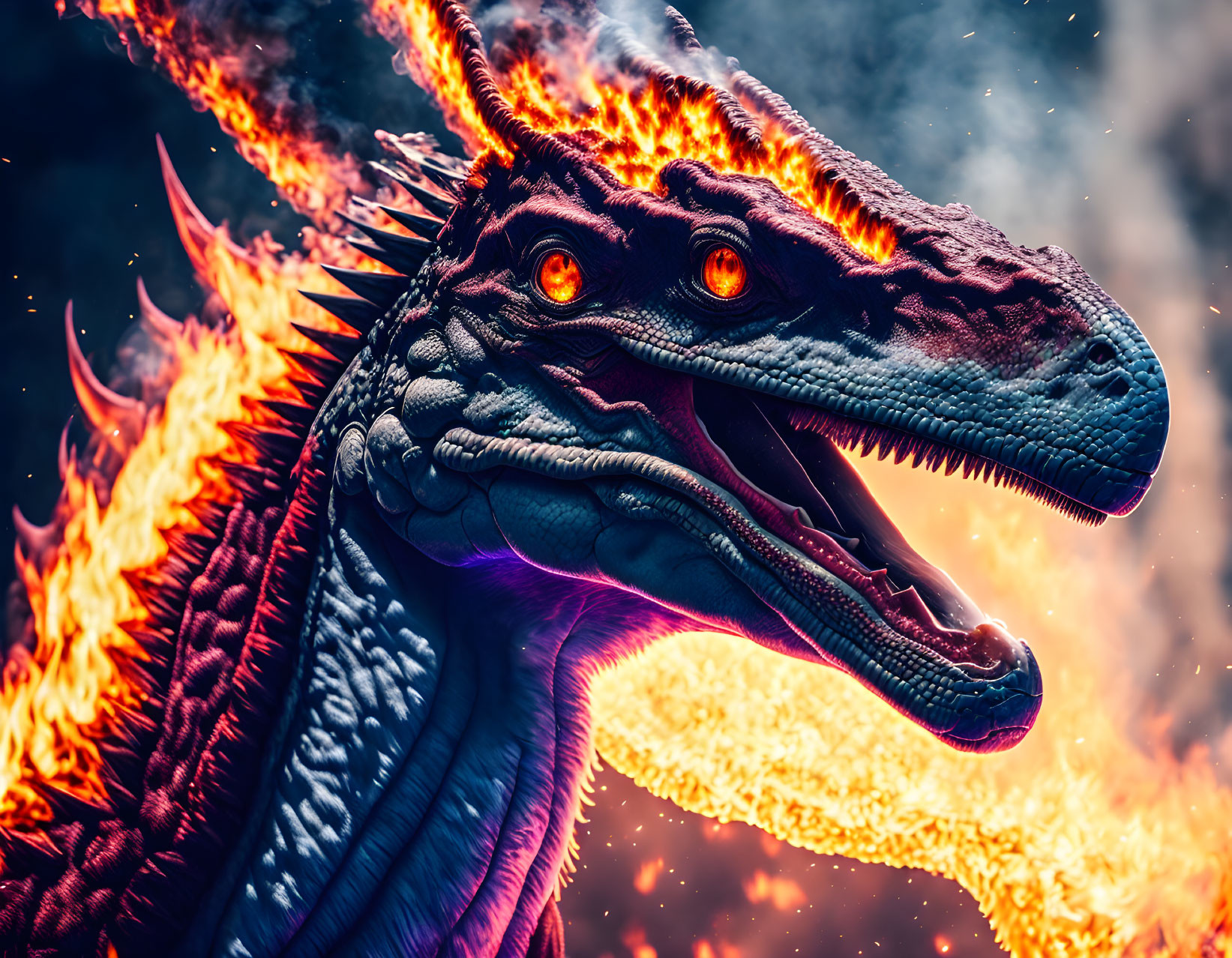 Two-headed dragon with glowing eyes, blazing flames & scales