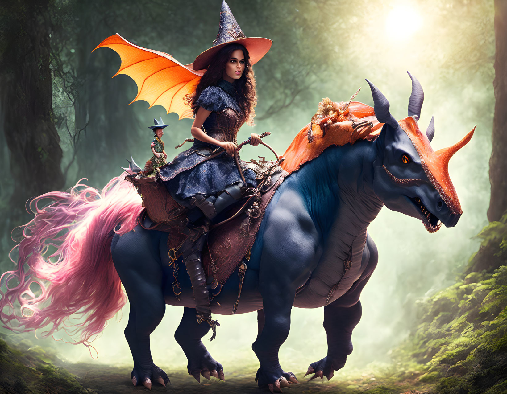 Witch riding blue creature in enchanted forest