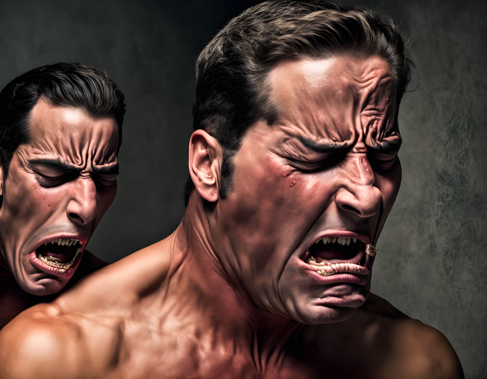 Men merging with distorted features and intense emotion in dark setting