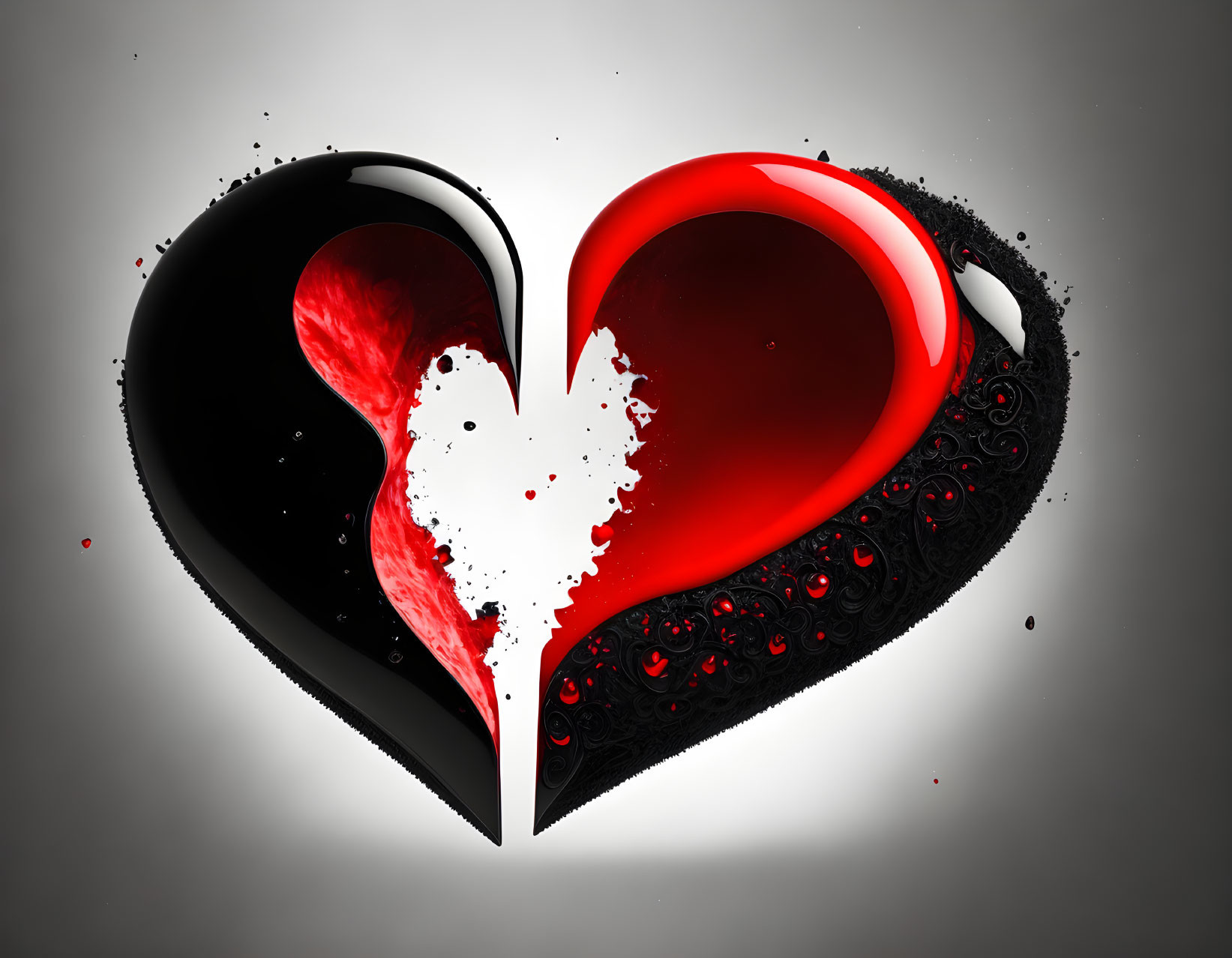 Glossy red and black heart split with white silhouette on dynamic gray background