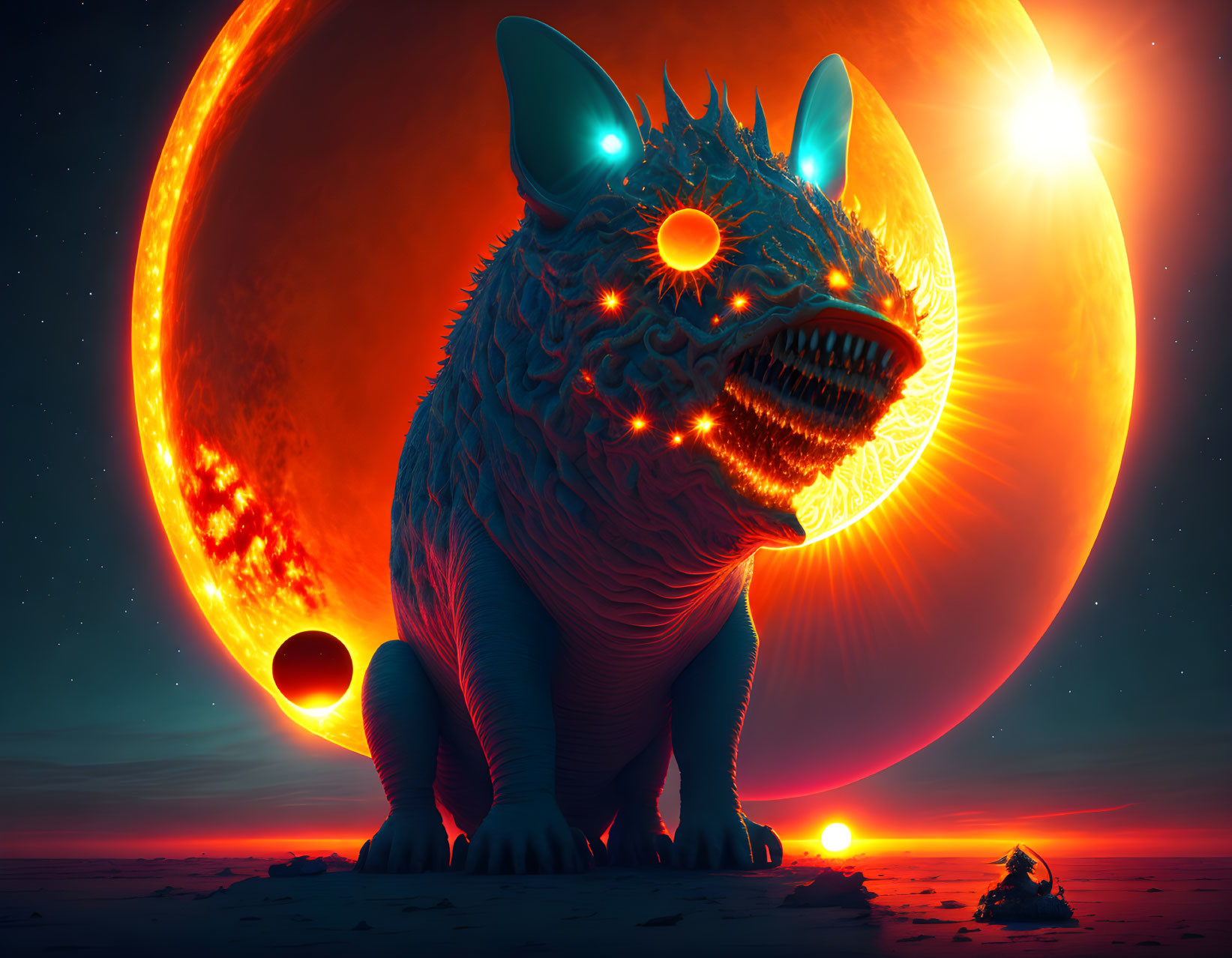 Digital art: Imposing creature with glowing eyes on alien landscape